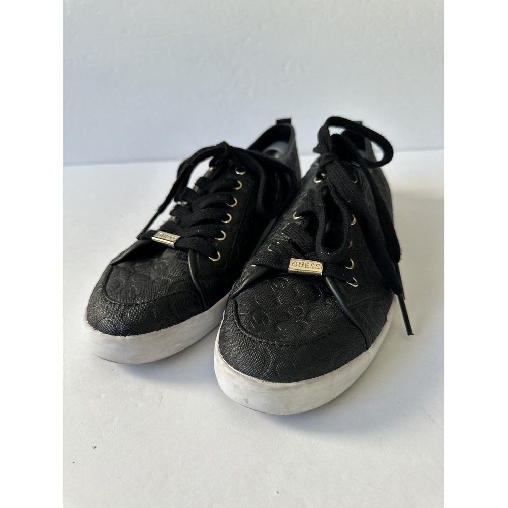 Guess Los Angeles Womens Black Embossed Walking Sneakers Gold ‎ Size 10